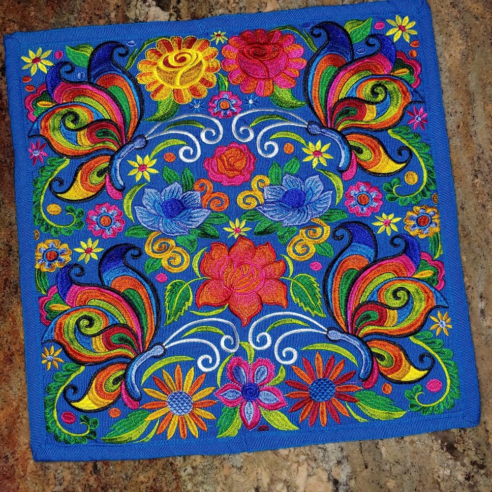 Embroidered  Colorful Floral Butterfly Pillow Cover 19"